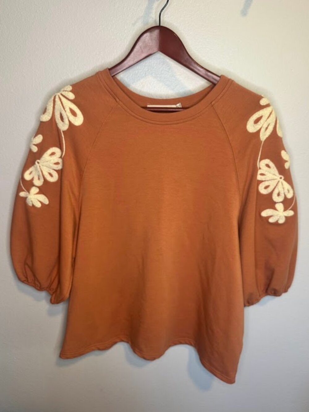 Ellison Terracotta Embroidered Boucle Floral Balloon Sleeve Boho Sweatshirt - M